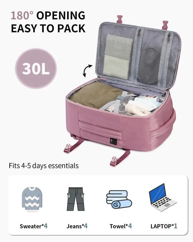 Alt view image 5 of 5 - ECOHUB Travel Backpack for Women, Carry on Backpack with USB Charging Hole, Spirit Airlines Personal Item Bag Flight Approved, 15.6 Inch Laptop Backpack with Anti Theft Pockets, 30L, Pink