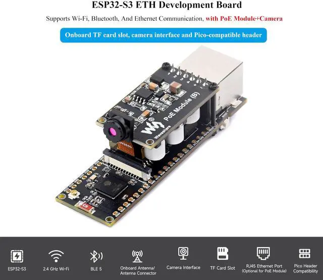Alt view image 3 of 5 - ESP32-S3 ETH Development Board, 10/100Mbps RJ45 Ethernet Port, 240MHz Dual Core Processor, Onboard Type-C Port & TF Card Slot, WiFi & BLE & Ethernet Communication, with POE Module + OV2640 Camera