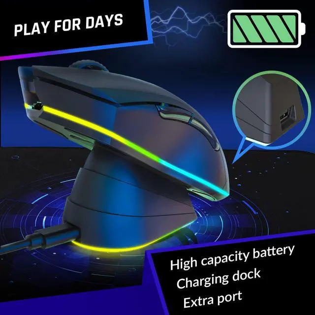 Alt view image 4 of 5 - KLIM Blaze Pro Rechargeable Wireless Gaming Mouse with Charging Dock RGB - New Version - High-Precision Sensor and Long-Lasting Battery - Up to 6000 DPI - Great PC Gaming Mouse Wireless