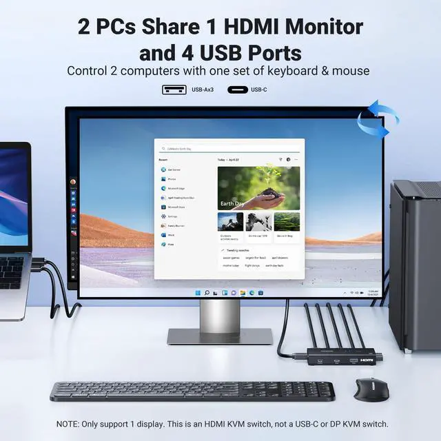 Alt view image 2 of 5 - UGREEN HDMI KVM Switch 1 Monitor 2 Computers with 4 USB 3.0 Ports 4K@60Hz KVM Switches for 2 Computers Share Monitor Keyboard Mouse Printer with 2 HDMI Cables, 2 USB Cables, Power Adapter, Controller
