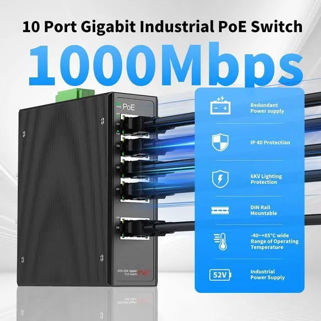 Alt view image 3 of 5 - Industrial 8-Port Full Gigabit POE+ Switch with Industrial DIN-Rail Power Supply, 2 Gigabit Uplink Port, Total 120W Budget, DIN-Rail POE Switch for IP Cameras, VoIP Phones, Wireless APs