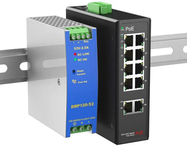 Main image of Industrial 8-Port Full Gigabit POE+ Switch with Industrial DIN-Rail Power Supply, 2 Gigabit Uplink Port, Total 120W Budget, DIN-Rail POE Switch for IP Cameras, VoIP Phones, Wireless APs