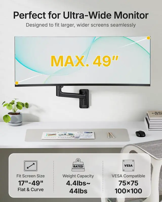Alt view image 3 of 5 - monTEK 17-49 inch Single Monitor Wall Mount for up to 44 lbs Ultrawide Screen, Premium Aluminum Heavy Duty Monitor Arm with Adjustable Gas Spring Arm, 75x75/100x100 VESA Mount, Black