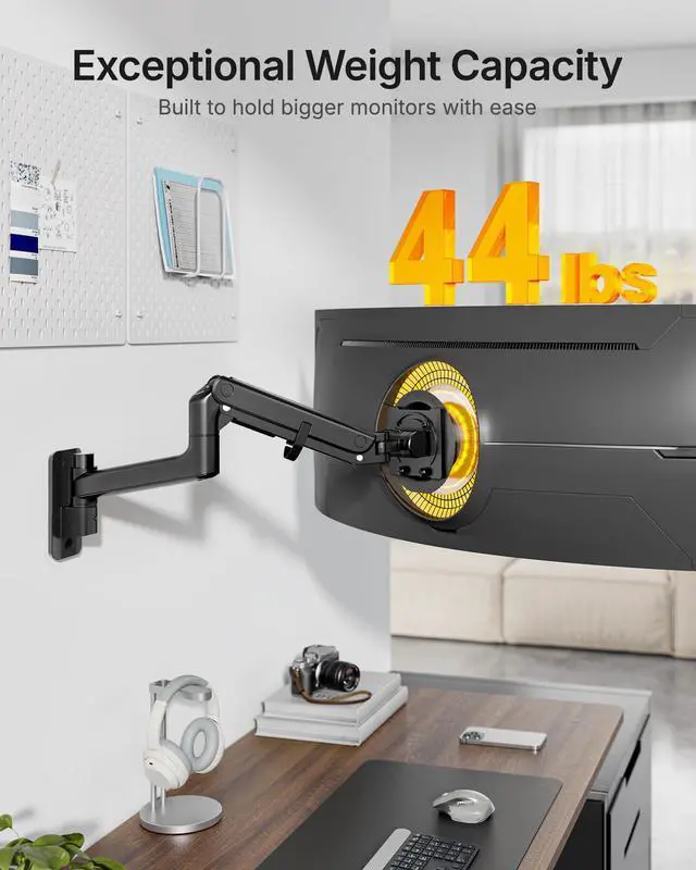 Alt view image 2 of 5 - monTEK 17-49 inch Single Monitor Wall Mount for up to 44 lbs Ultrawide Screen, Premium Aluminum Heavy Duty Monitor Arm with Adjustable Gas Spring Arm, 75x75/100x100 VESA Mount, Black
