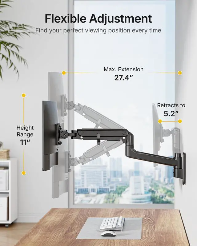 Alt view image 4 of 5 - monTEK 17-49 inch Single Monitor Wall Mount for up to 44 lbs Ultrawide Screen, Premium Aluminum Heavy Duty Monitor Arm with Adjustable Gas Spring Arm, 75x75/100x100 VESA Mount, Black