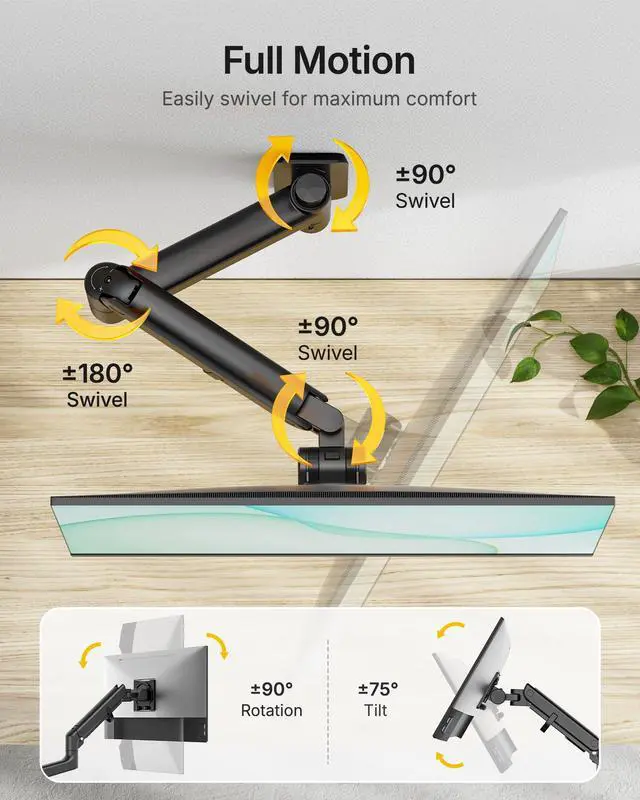 Alt view image 5 of 5 - monTEK 17-49 inch Single Monitor Wall Mount for up to 44 lbs Ultrawide Screen, Premium Aluminum Heavy Duty Monitor Arm with Adjustable Gas Spring Arm, 75x75/100x100 VESA Mount, Black