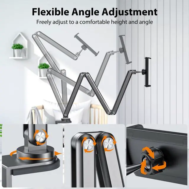 Alt view image 2 of 5 - KU XIU Aluminum Alloy Tablet Stand for Desk, Adjustable Foldable Arm Holder Mount Compatible with iPad 10/9th, iPad 13/12.9/11'' Pro Air Mini, Portable Monitor 7-15.6'', Samsung Galaxy Tab S9/FE/A9/S6