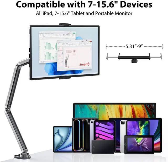 Alt view image 3 of 5 - KU XIU Aluminum Alloy Tablet Stand for Desk, Adjustable Foldable Arm Holder Mount Compatible with iPad 10/9th, iPad 13/12.9/11'' Pro Air Mini, Portable Monitor 7-15.6'', Samsung Galaxy Tab S9/FE/A9/S6
