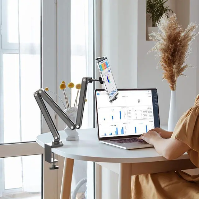 Alt view image 5 of 5 - KU XIU Aluminum Alloy Tablet Stand for Desk, Adjustable Foldable Arm Holder Mount Compatible with iPad 10/9th, iPad 13/12.9/11'' Pro Air Mini, Portable Monitor 7-15.6'', Samsung Galaxy Tab S9/FE/A9/S6