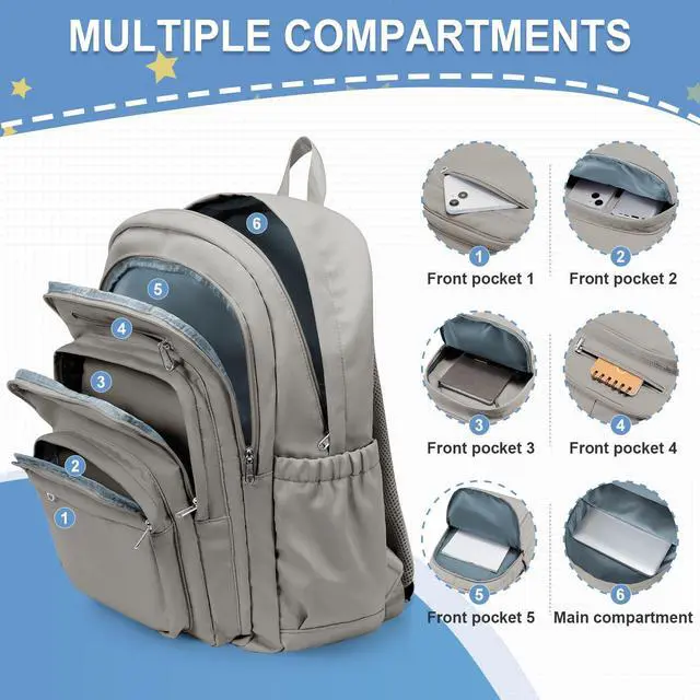 Alt view image 3 of 5 - weradar School Backpack For Women Men, Lightweight Casual Daypack College Backpacks, Aesthetic Students Bookbag, Backpack With Lots Of Pockets,Cute High School Bag For Boys Girls(Gray Brown)