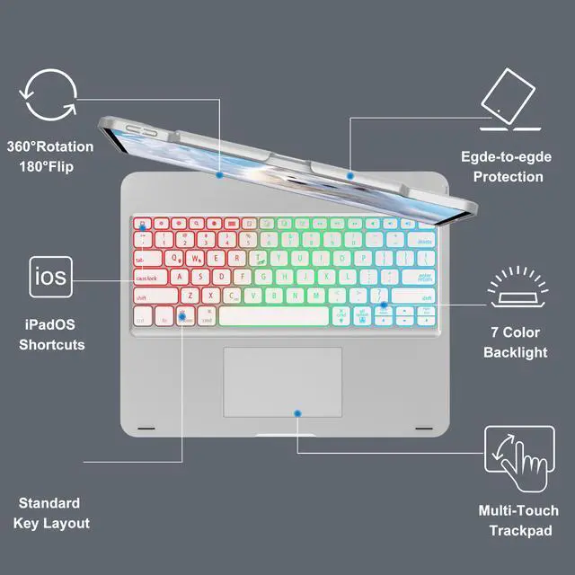 Alt view image 3 of 5 - Keyboard Case for iPad Air 13-inch (M2, 2024) & iPad Pro 12.9 (6th/5th/4th/3rd Gen), Multi-touch Trackpad, 360° Rotatable, Rainbow Backlits , Detachable Wireless Keyboard Cover with Pen Holder, Silver