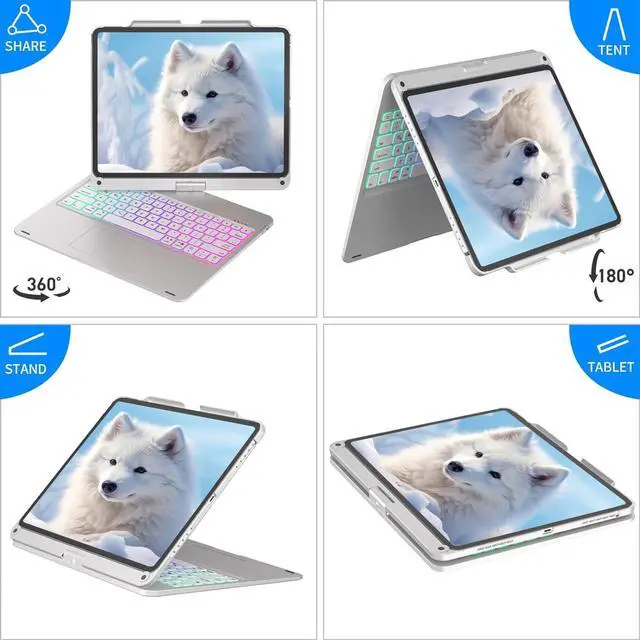 Alt view image 5 of 5 - Keyboard Case for iPad Air 13-inch (M2, 2024) & iPad Pro 12.9 (6th/5th/4th/3rd Gen), Multi-touch Trackpad, 360° Rotatable, Rainbow Backlits , Detachable Wireless Keyboard Cover with Pen Holder, Silver
