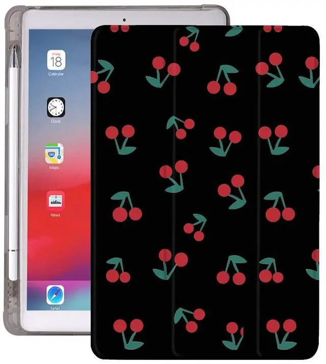 Main image of Idocolors Cherry Pad Case Black Case for 9th Generation ipad Cute Girly Anti-Scratch Shockproof with Pencil Holder Lightweight Smart Trifold Stand Case(Model Number: A2602/A2603/A2604/A2605)