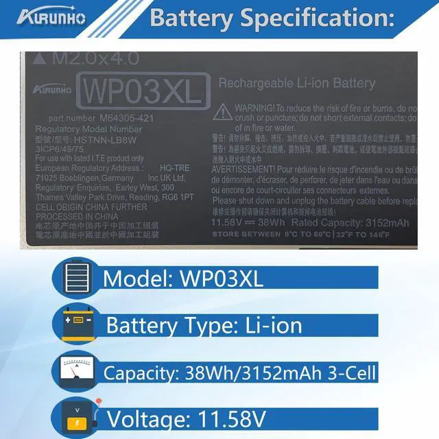 Alt view image 2 of 5 - AURUNHO WP03XL M73468-005 38Wh Laptop Battery Replacement for HP Elite x360 1040 14 inch G9 2-in-1 Elite x360 830 13.3 inch G9 2-in-1 Notebook PC M73468-002 M64305-2C1 WP03038XL M64305-171 M64305-2C1
