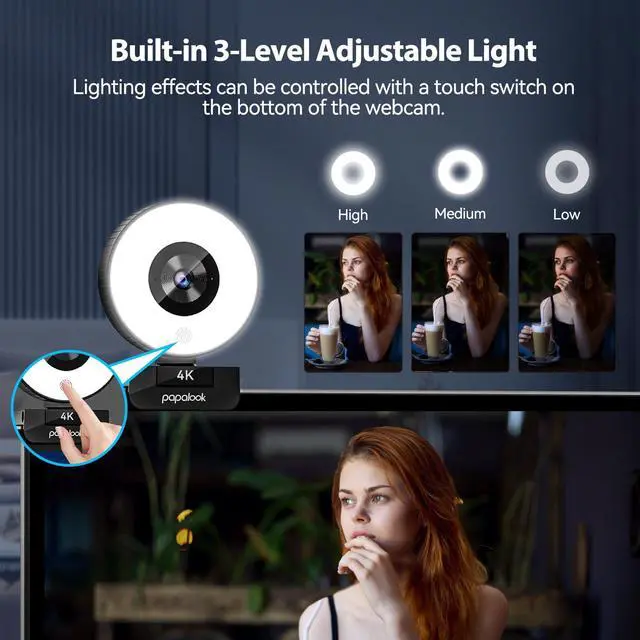 Alt view image 3 of 5 - papalook 4K Autofocus Webcam with Light, UHD Web Camera with Remote Control and Dual Noise-Cancelling Mics, Plug and Play USB Webcams for PC Laptop Zoom Skype Teams Google Meet