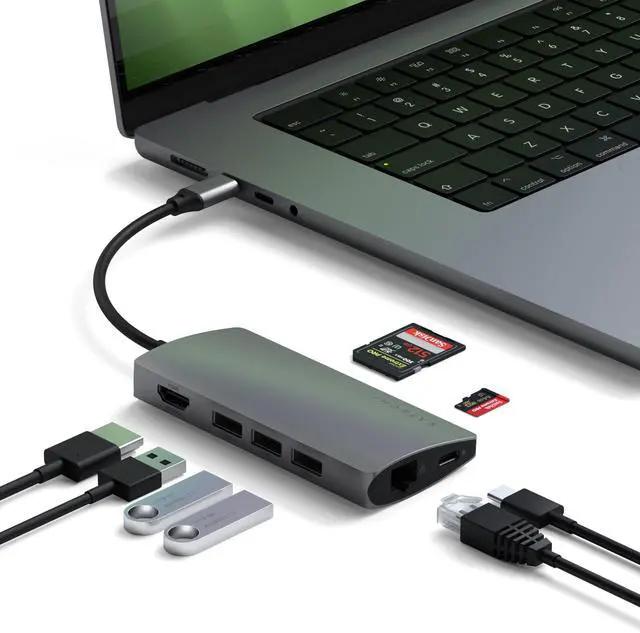 Main image of Satechi 8 in 1 USB C Hub Multiport Adapter V2, 4K HDMI, 115W USB C PD Charging, 3 USB-A, Ethernet, Micro/SD Card Readers, for Laptop, MacBook Pro/Air M4/M3/M2/M1, iPad, iPhone 16, Windows - Space Gray