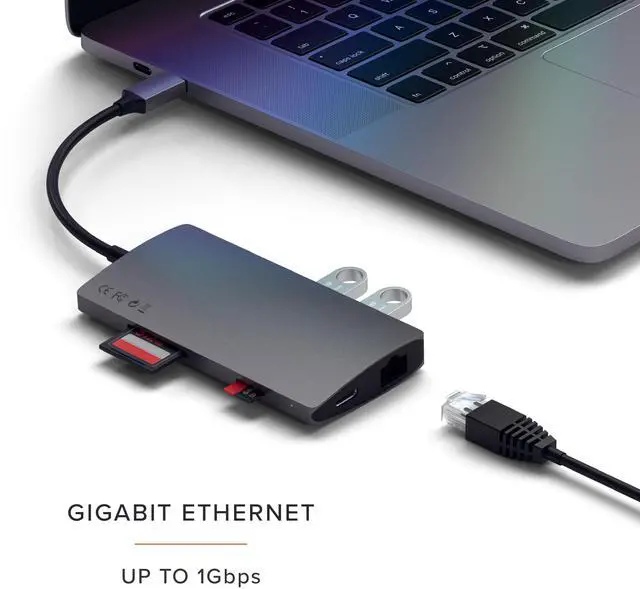 Alt view image 3 of 5 - Satechi 8 in 1 USB C Hub Multiport Adapter V2, 4K HDMI, 115W USB C PD Charging, 3 USB-A, Ethernet, Micro/SD Card Readers, for Laptop, MacBook Pro/Air M4/M3/M2/M1, iPad, iPhone 16, Windows - Space Gray