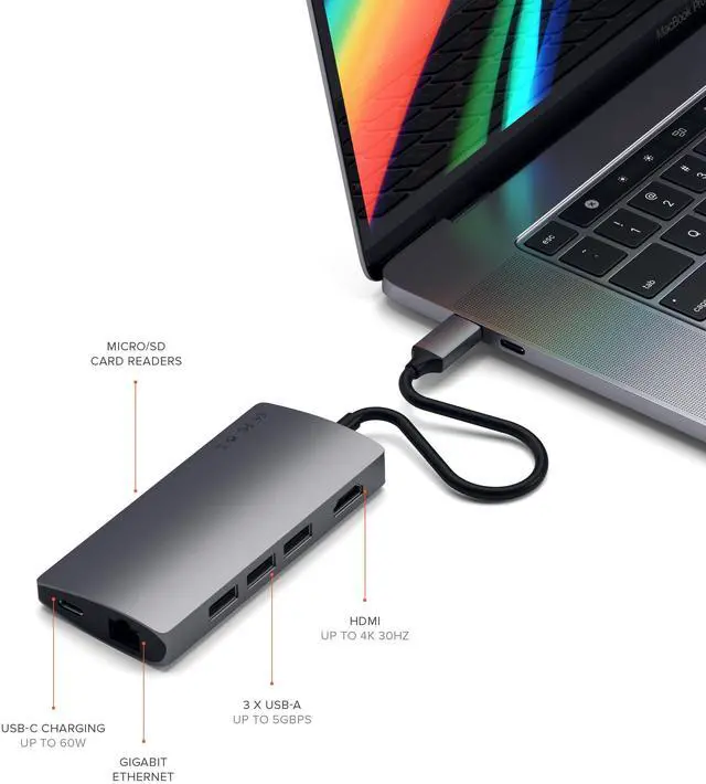 Alt view image 5 of 5 - Satechi 8 in 1 USB C Hub Multiport Adapter V2, 4K HDMI, 115W USB C PD Charging, 3 USB-A, Ethernet, Micro/SD Card Readers, for Laptop, MacBook Pro/Air M4/M3/M2/M1, iPad, iPhone 16, Windows - Space Gray