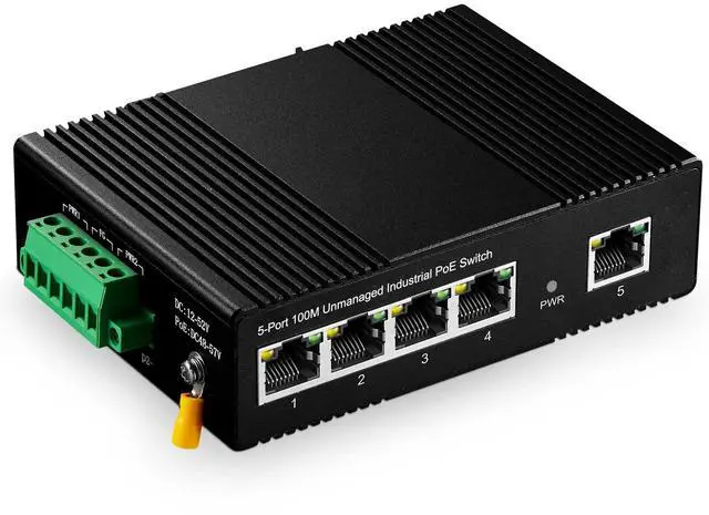 Main image of Binardat 5 Port Industrial Ethernet Switch, 4 PoE IEEE802.3af/at, 1 Uplink, 10/100Mbps, Fanless Wall Mount, with One 60W PoE Power Supply