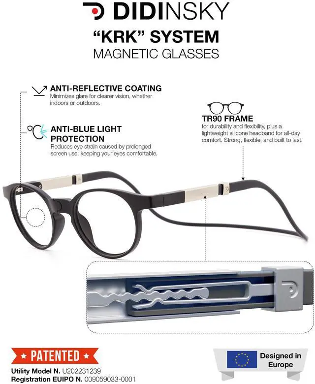 Alt view image 3 of 5 - DIDINSKY Magnetic Reading Glasses for Men and Women  DiKrik Uffizi Foldable Reading Glasses with Blue Light Filter, Anti-Reflective & Anti-Scratch Lenses - Adjustable Silicone Headband - Graphite