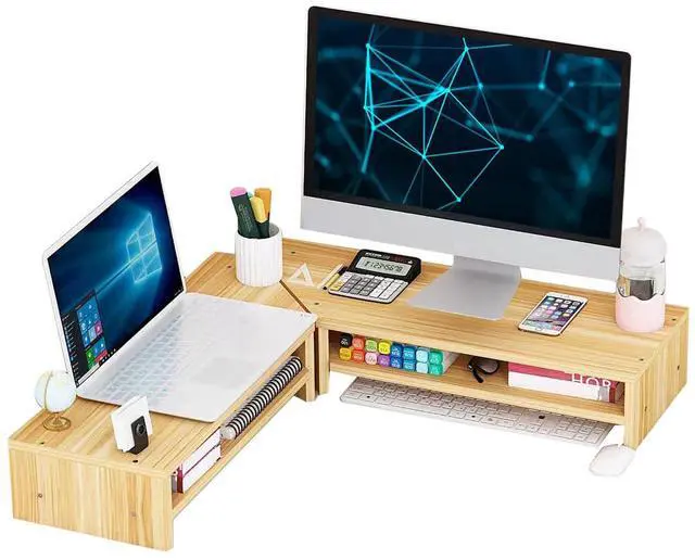Main image of Wooden Corner Monitor Riser - 2 Tier Stand Combo with Tablet Holder