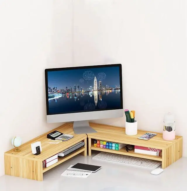 Alt view image 3 of 5 - Wooden Corner Monitor Riser - 2 Tier Stand Combo with Tablet Holder