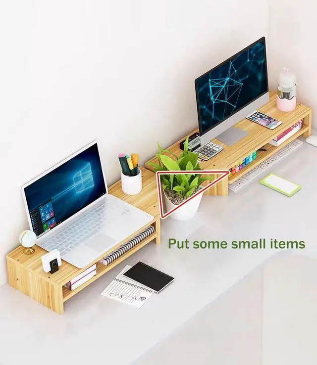 Alt view image 4 of 5 - Wooden Corner Monitor Riser - 2 Tier Stand Combo with Tablet Holder