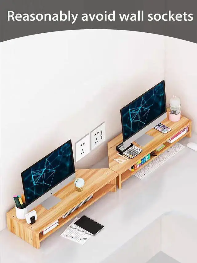 Alt view image 5 of 5 - Wooden Corner Monitor Riser - 2 Tier Stand Combo with Tablet Holder