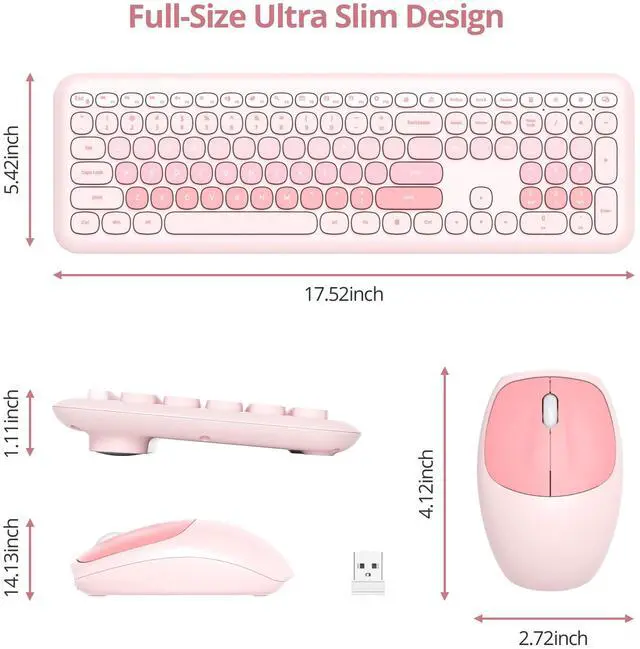 Alt view image 3 of 5 - Fogruaden Quiet Wireless Pink Keyboard and Mouse, 2.4GHz Retro Cute Typewriter-Style Full-Size Colorful Keyboard and Mouse Combo, Slim Design, Low-Noise Typing for Home, Office, Windows PC, Laptop