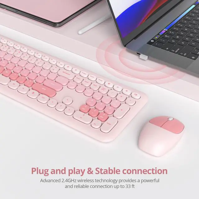 Alt view image 2 of 5 - Fogruaden Quiet Wireless Pink Keyboard and Mouse, 2.4GHz Retro Cute Typewriter-Style Full-Size Colorful Keyboard and Mouse Combo, Slim Design, Low-Noise Typing for Home, Office, Windows PC, Laptop