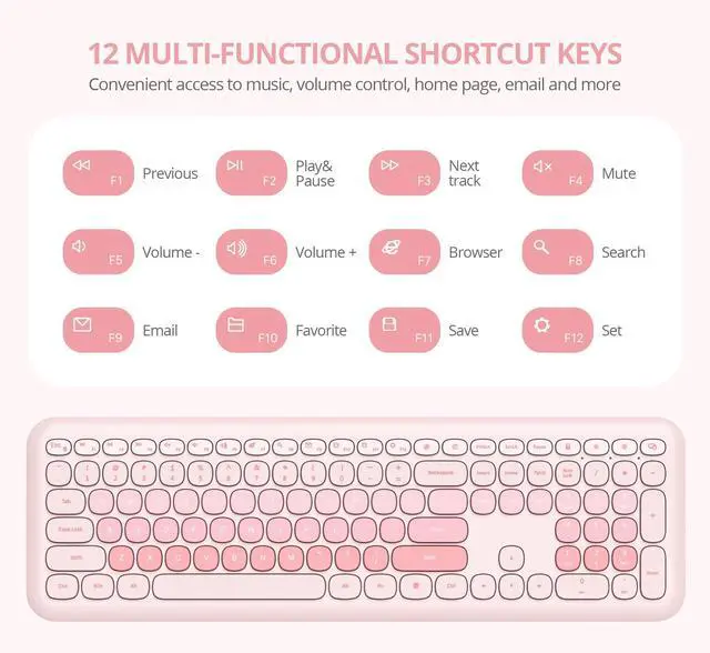 Alt view image 4 of 5 - Fogruaden Quiet Wireless Pink Keyboard and Mouse, 2.4GHz Retro Cute Typewriter-Style Full-Size Colorful Keyboard and Mouse Combo, Slim Design, Low-Noise Typing for Home, Office, Windows PC, Laptop