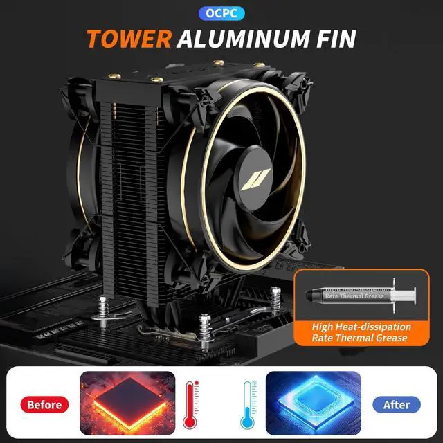 Alt view image 3 of 5 - OCPC CPU Cooler  Single-Tower Air Cooler with Dual 120mm PWM Fans, 4 Heatpipes, 8002000 RPM, High-Performance Cooling for AMD AM4/AM5 & Intel 1700/1200/115X (Black)
