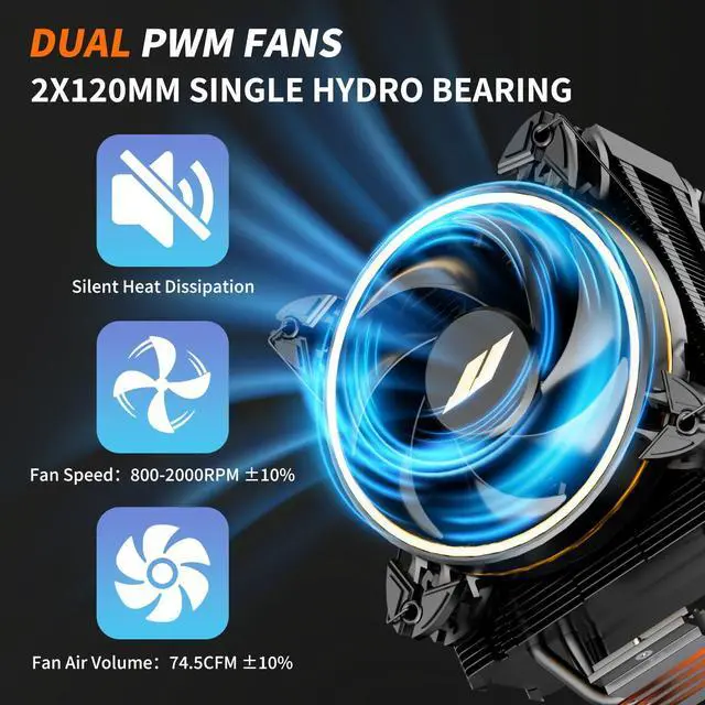 Alt view image 5 of 5 - OCPC CPU Cooler  Single-Tower Air Cooler with Dual 120mm PWM Fans, 4 Heatpipes, 8002000 RPM, High-Performance Cooling for AMD AM4/AM5 & Intel 1700/1200/115X (Black)