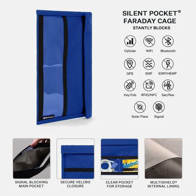 Alt view image 3 of 5 - Silent Pocket SLNT Quick Access Smartphone Faraday Bag Technology - Weatherproof Signal Blocking Nylon, Device Shielding for Tablets for Travel, Privacy & Anti-Hacking (Royal Blue, Large)