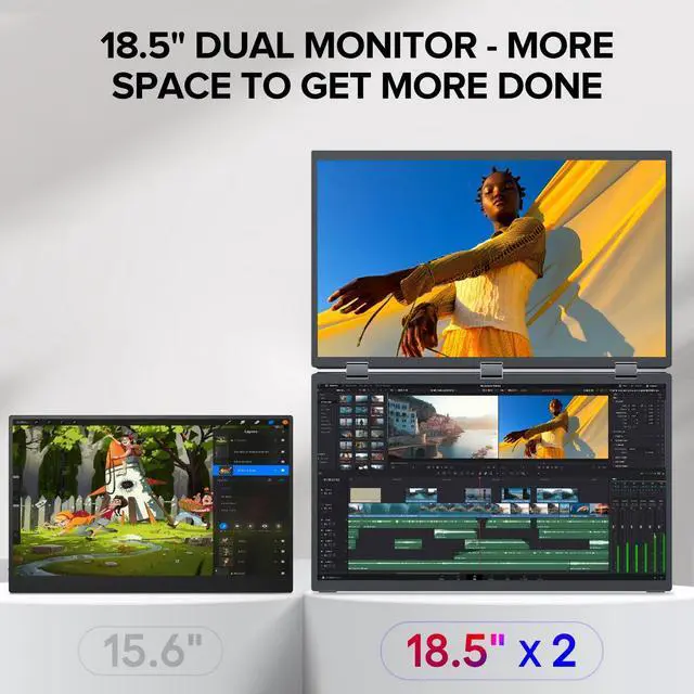 Alt view image 2 of 5 - UPERFECT Delta Max 18.5" 100Hz Dual Portable Monitor for Laptop Screen Extender 1080P HDR 360° Folding Stacked Triple Monitor with Stand & VESA for Laptop PC Phone Game Console (No Driver Needed)