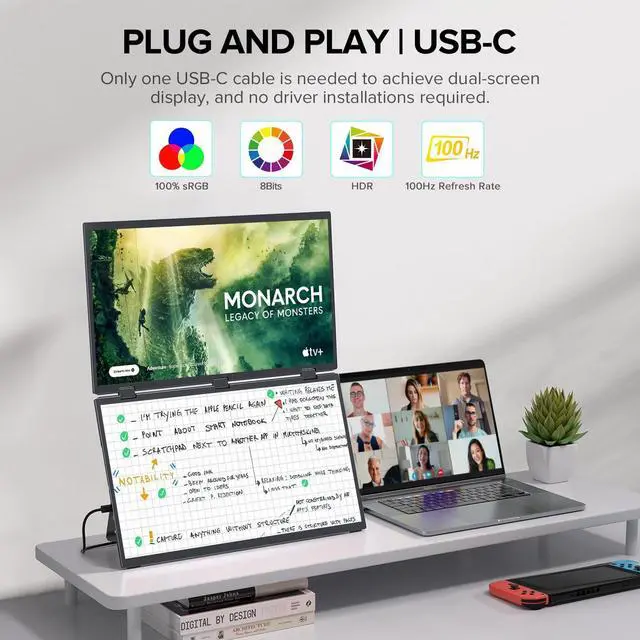 Alt view image 3 of 5 - UPERFECT Delta Max 18.5" 100Hz Dual Portable Monitor for Laptop Screen Extender 1080P HDR 360° Folding Stacked Triple Monitor with Stand & VESA for Laptop PC Phone Game Console (No Driver Needed)