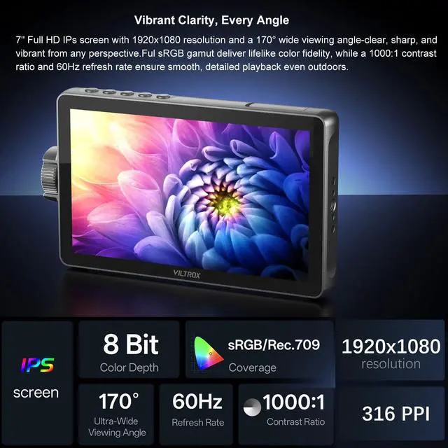 Alt view image 4 of 5 - VILTROX DC-A1 7" 2800nit Ultra-Bright Touchscreen Camera Field Monitor, 4K HDMI Input/Output, 1920x1080 FHD, DSLR External Monitor with Cooling Fan, Sunshade Hood, Peaking, 3D LUT, False Color,Battery