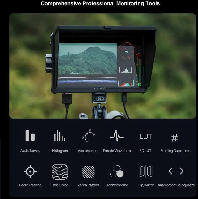Alt view image 5 of 5 - VILTROX DC-A1 7" 2800nit Ultra-Bright Touchscreen Camera Field Monitor, 4K HDMI Input/Output, 1920x1080 FHD, DSLR External Monitor with Cooling Fan, Sunshade Hood, Peaking, 3D LUT, False Color,Battery