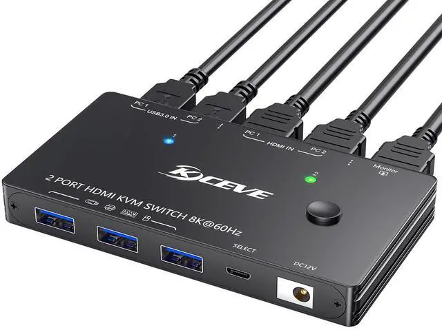 Main image of KCEVE HDMI KVM Switch 2 Computer 1 Monitor 8K@60Hz, KVM Switch HDMI 2 Port with 3 USB3.0, Wired Remote, Power Adapter and USB Cables