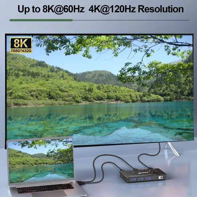 Alt view image 4 of 5 - KCEVE HDMI KVM Switch 2 Computer 1 Monitor 8K@60Hz, KVM Switch HDMI 2 Port with 3 USB3.0, Wired Remote, Power Adapter and USB Cables