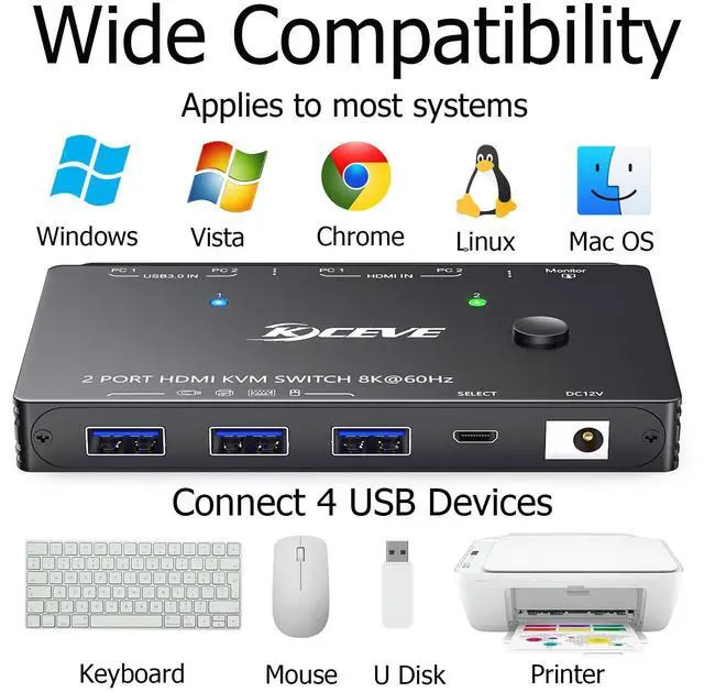 Alt view image 5 of 5 - KCEVE HDMI KVM Switch 2 Computer 1 Monitor 8K@60Hz, KVM Switch HDMI 2 Port with 3 USB3.0, Wired Remote, Power Adapter and USB Cables