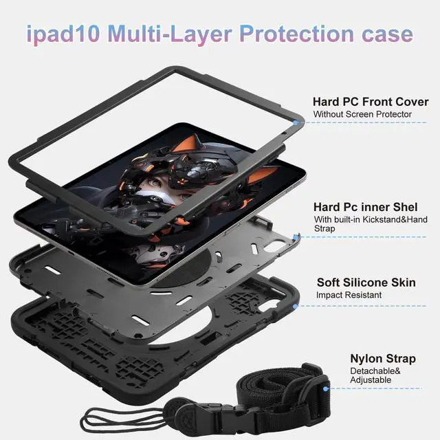 Alt view image 3 of 5 - Case for iPad 11-inch (A16) 2025, iPad 10th Generation Case 10.9" 2022,Heavy Sturdy Shockproof Kids Cover, with 360°Rotating Stand/Pen Slot/Shoulder Strap for iPad 11th/10th Gen Boys (Black)