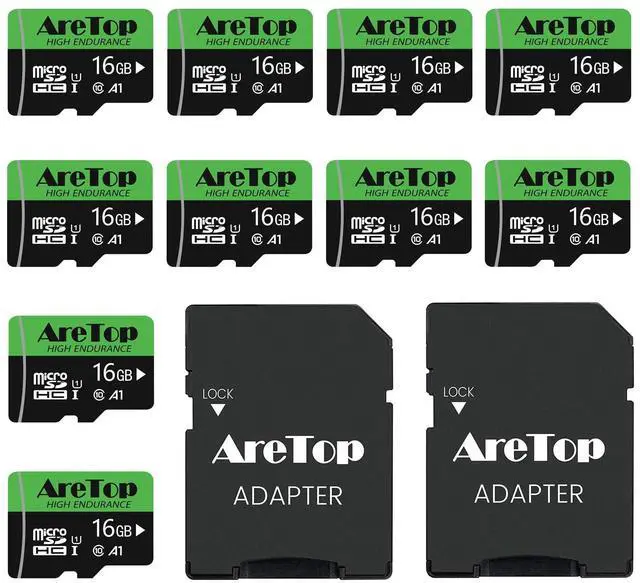 Main image of AreTop 16GB Micro SD Cards 10-Pack Micro Memory Cards with 2 Adapter, Read Speed up to 90MB/s UHS-I A1 U1 Class10, High Speed 16GB TF Cards for Tablet, Camera, Dash Cam, Game Console, 10Pack 16G