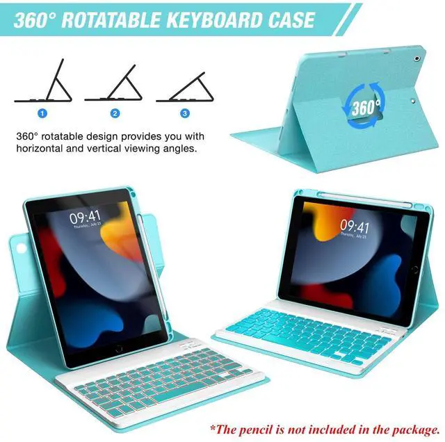 Alt view image 3 of 5 - Keyboard Case for iPad 9th/8th/7th Generation 10.2 inch,360° Rotatable iPad Air 3 Pro 10.5-inch Case with Pencil Holder(2021/2020/2019/2017),7 Color Backlit Bluetooth Keyboard Folio Cover (Lake Blue)