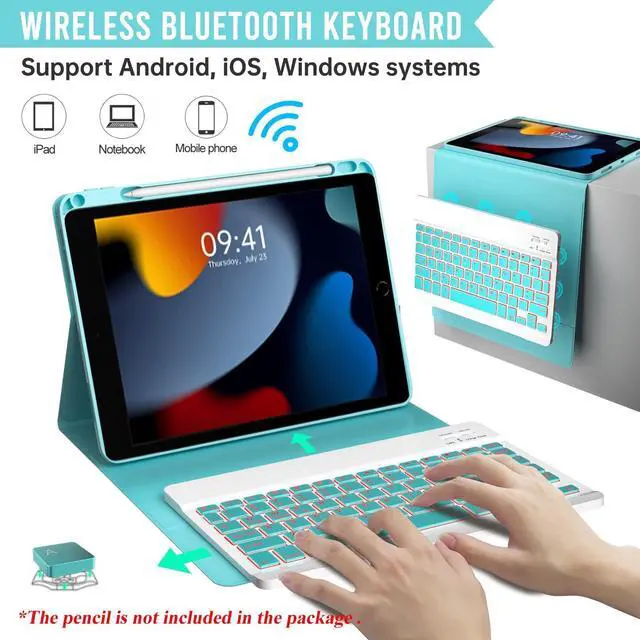 Alt view image 4 of 5 - Keyboard Case for iPad 9th/8th/7th Generation 10.2 inch,360° Rotatable iPad Air 3 Pro 10.5-inch Case with Pencil Holder(2021/2020/2019/2017),7 Color Backlit Bluetooth Keyboard Folio Cover (Lake Blue)
