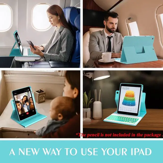 Alt view image 5 of 5 - Keyboard Case for iPad 9th/8th/7th Generation 10.2 inch,360° Rotatable iPad Air 3 Pro 10.5-inch Case with Pencil Holder(2021/2020/2019/2017),7 Color Backlit Bluetooth Keyboard Folio Cover (Lake Blue)
