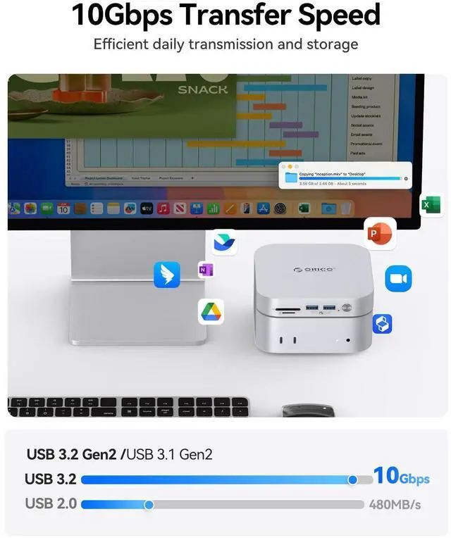 Alt view image 3 of 5 - ORICO MiniLink USB Hub Compatibility with Mac mini M4, 9-in-1 Aluminum Dock with SSD Enclosure for NVME/SATA M.2, USB A 10Gbps, 3.0 SD/TF Card Readers, 3.5mm Audio Jack