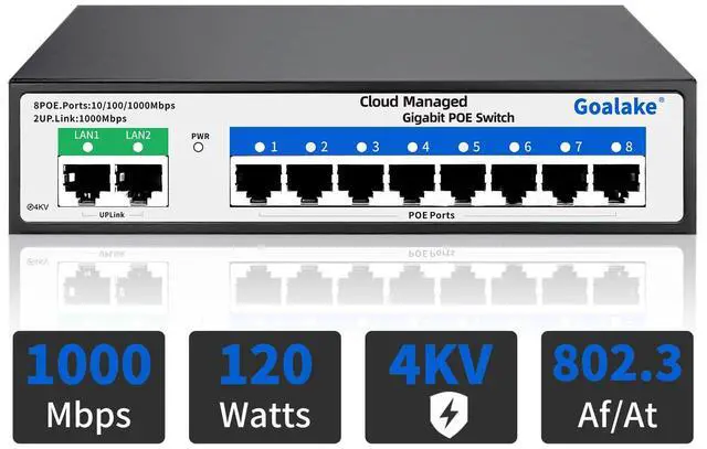 Main image of Poe Switch, 10 Ports Gigabit PoE Switch, (8 Ports gigabit Switch + 2 gigabit uplink) Cloud Managed Gigabit Ethernet Switch, 8 Poe Ports @120W, Web/App Smart Managed, Remote Detection/Restart