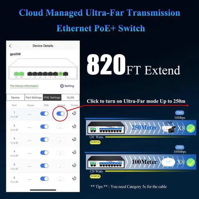 Alt view image 4 of 5 - Poe Switch, 10 Ports Gigabit PoE Switch, (8 Ports gigabit Switch + 2 gigabit uplink) Cloud Managed Gigabit Ethernet Switch, 8 Poe Ports @120W, Web/App Smart Managed, Remote Detection/Restart