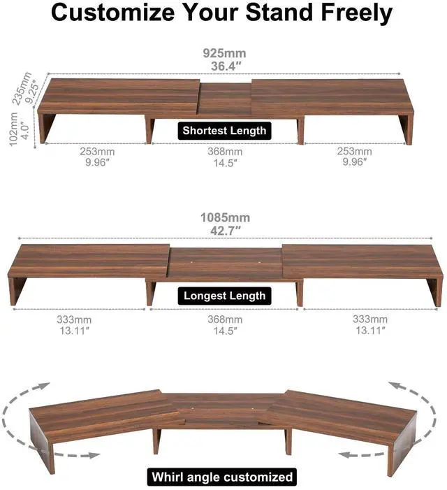 Alt view image 4 of 5 - FITUEYES Dual Monitor Stand  3 Shelf Computer Monitor Riser, Wood Desktop Stand with Adjustable Length and Angle, Desk Accessories, Office Supplies Medium Brown, DT108002WB